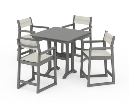 POLYWOOD® EDGE Sling Arm Chair 5-Piece Farmhouse Counter Set with Trestle Legs in Slate Grey / Parchment Sling