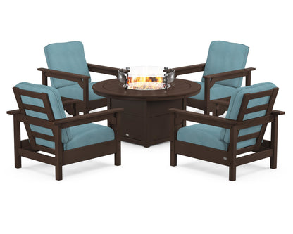 POLYWOOD® Club 5-Piece Conversation Set with Fire Pit Table in Mahogany / Lattice Sky Blue