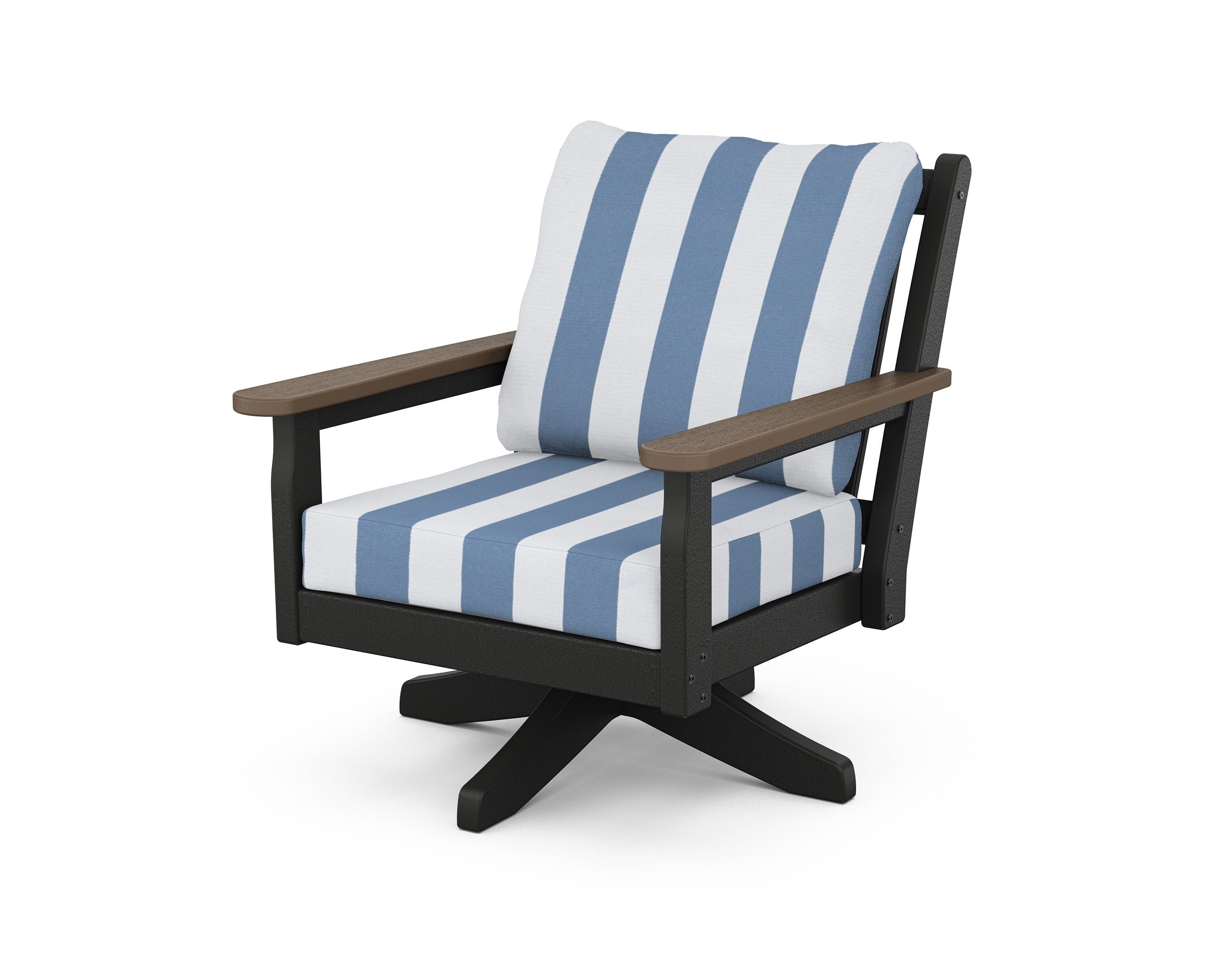 POLYWOOD® Chippendale Deep Seating Swivel Chair in Black / Kona / Cabana Stripe Sky Blue