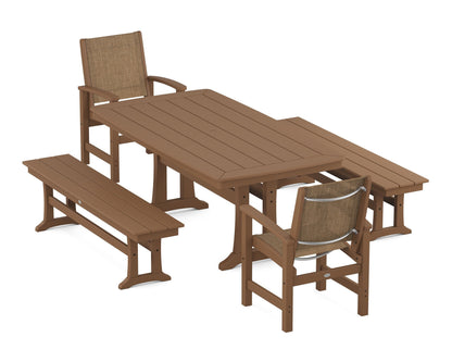 POLYWOOD® Coastal 5-Piece Dining Set with Trestle Legs and Benches in Teak / Burlap Sling
