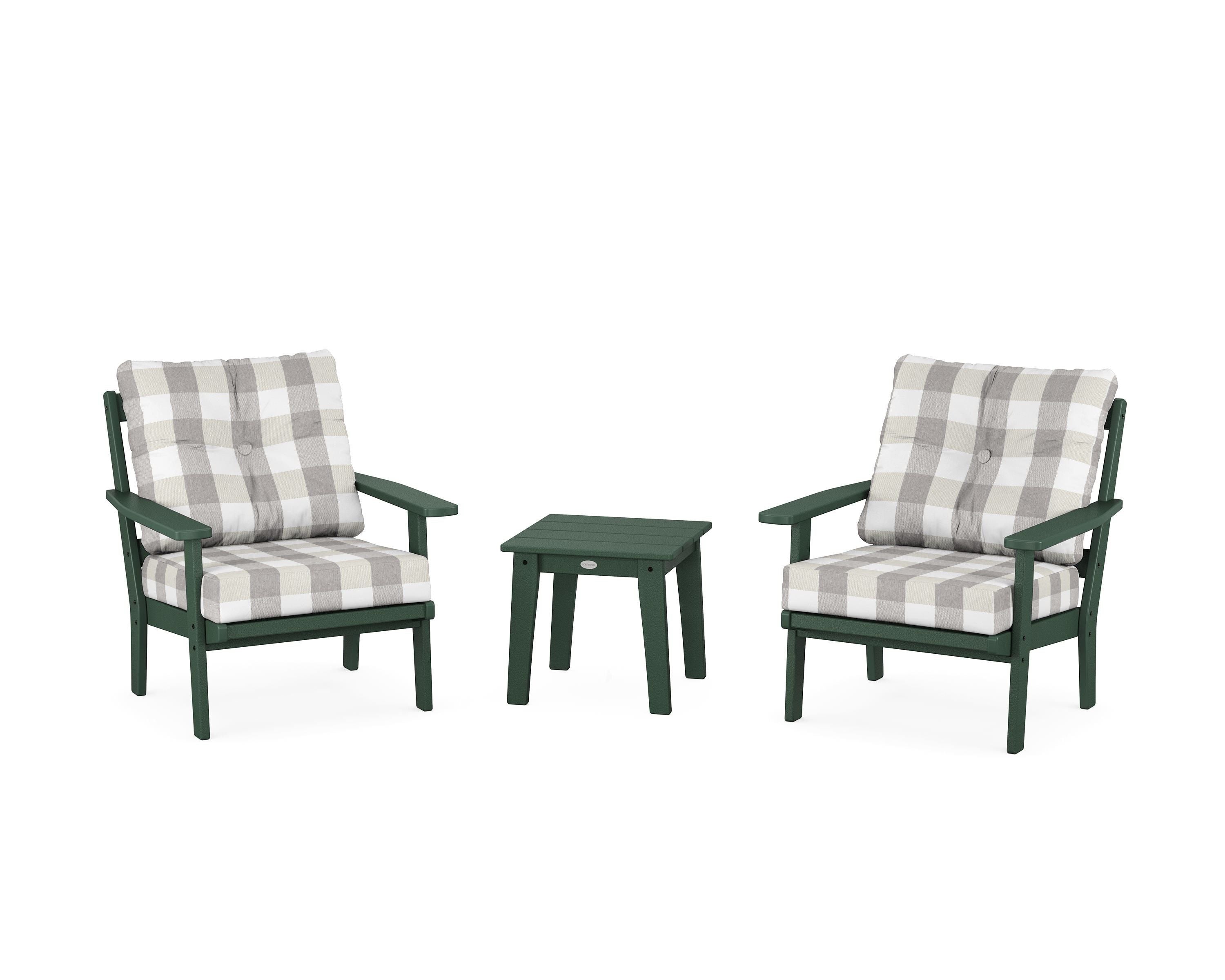 POLYWOOD® Oxford 3-Piece Deep Seating Set in Green / Buffalo Plaid Grey Mist
