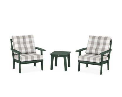 POLYWOOD® Oxford 3-Piece Deep Seating Set in Green / Buffalo Plaid Grey Mist