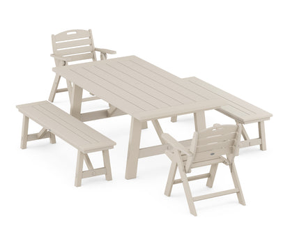 POLYWOOD® Nautical Folding Lowback Chair 5-Piece Rustic Farmhouse Dining Set With Benches in Sand