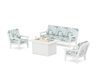 Country Living Cottage Deep Seating Fire Pit Table Set in White / Leaf Glacier Spa
