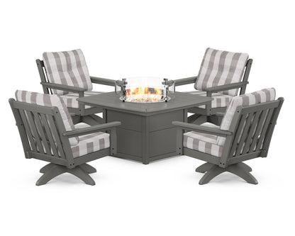 POLYWOOD® Vineyard 5-Piece Deep Seating Swivel Conversation Set with Fire Pit Table in Slate Grey / Buffalo Plaid Grey Mist