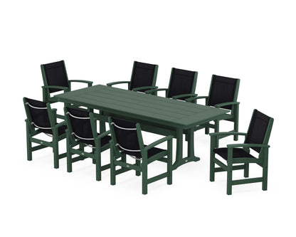 POLYWOOD® Coastal 9-Piece Farmhouse Dining Set with Trestle Legs in Green / Black Sling