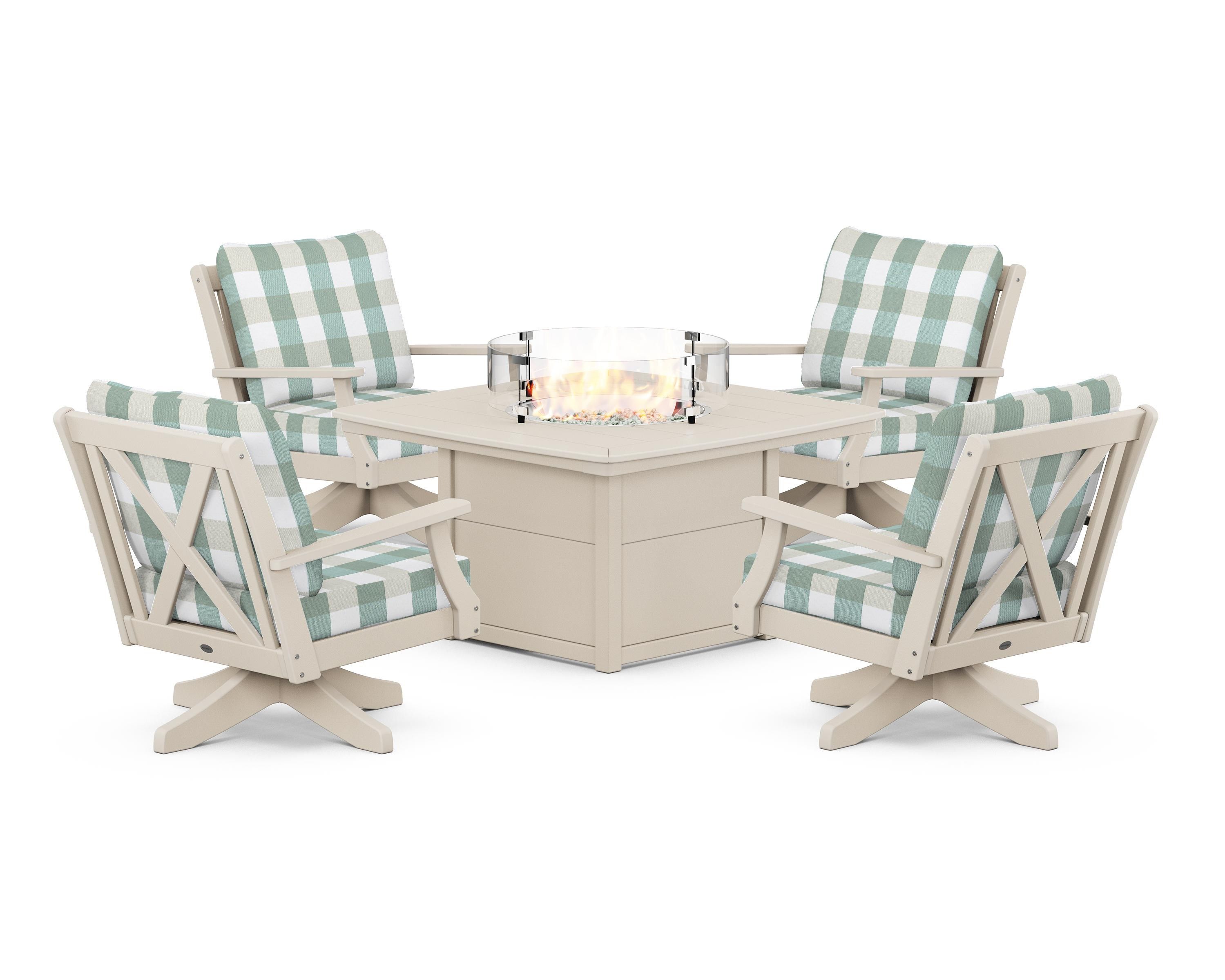 POLYWOOD® Braxton 5-Piece Deep Seating Swivel Conversation Set with Fire Pit Table in Sand / Buffalo Plaid Glacier Spa