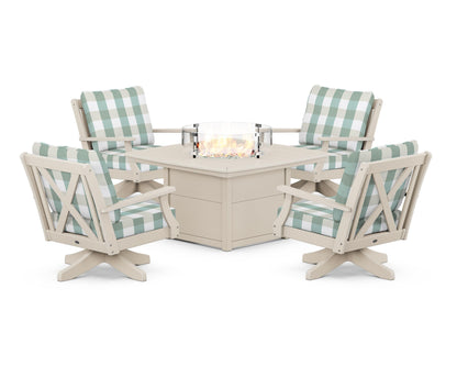 POLYWOOD® Braxton 5-Piece Deep Seating Swivel Conversation Set with Fire Pit Table in Sand / Buffalo Plaid Glacier Spa