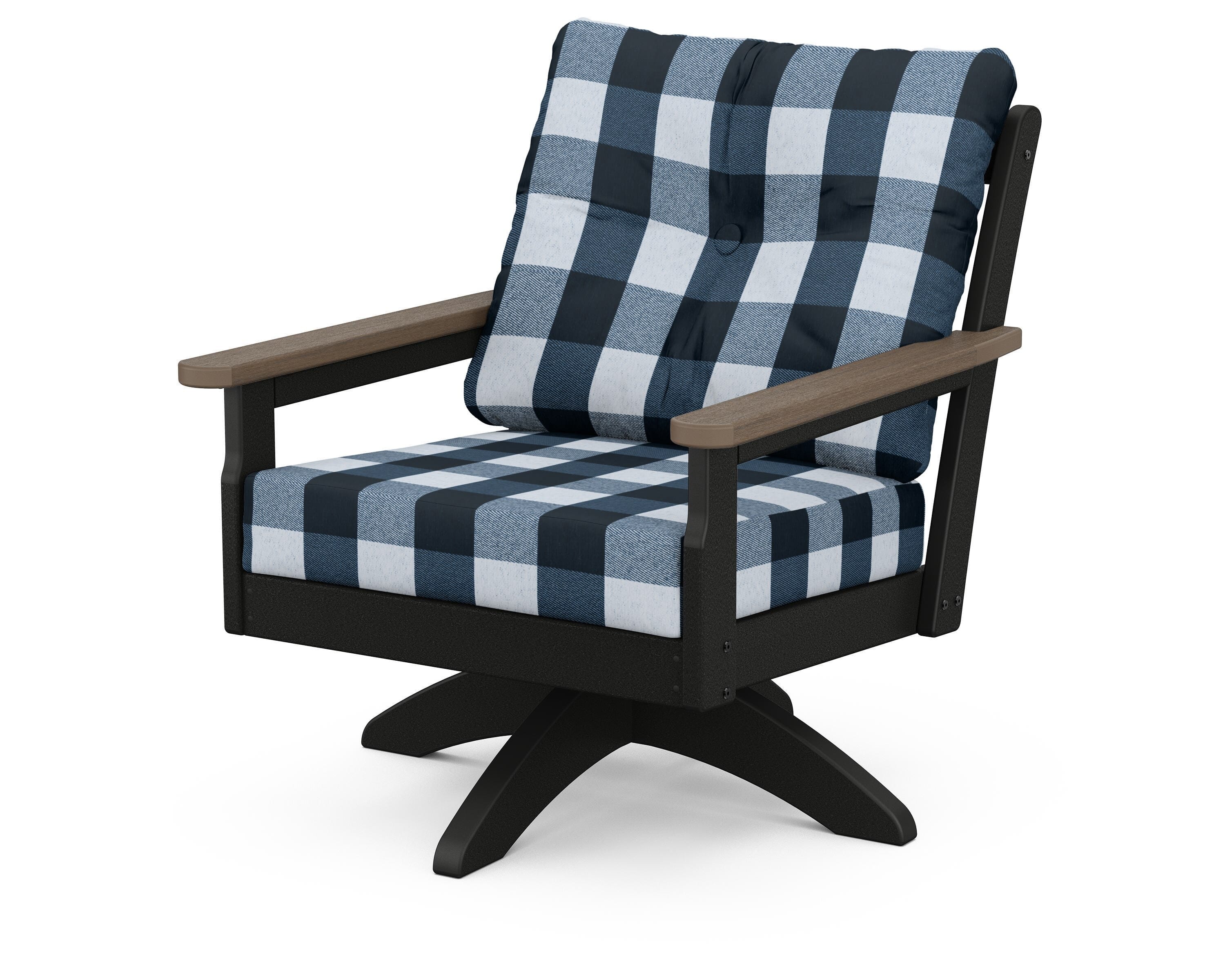 POLYWOOD® Vineyard Deep Seating Swivel Chair in Black / Kona / Buffalo Plaid Marine Indigo