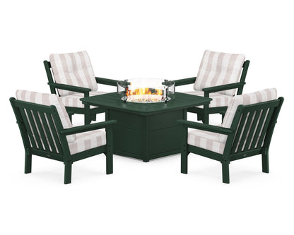 POLYWOOD® Vineyard 5-Piece Conversation Set with Fire Pit Table in Green / Buffalo Plaid Dune Burlap
