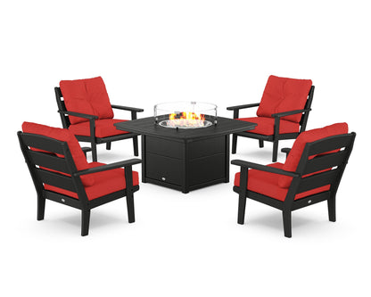 POLYWOOD® Lakeside 5-Piece Deep Seating Set with Nautical Fire Pit Table in Black / Crimson Linen