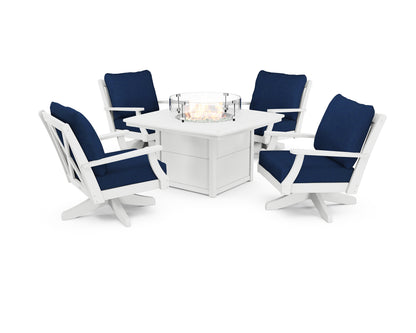 POLYWOOD® Braxton 5-Piece Deep Seating Swivel Conversation Set with Fire Pit Table in White / Navy