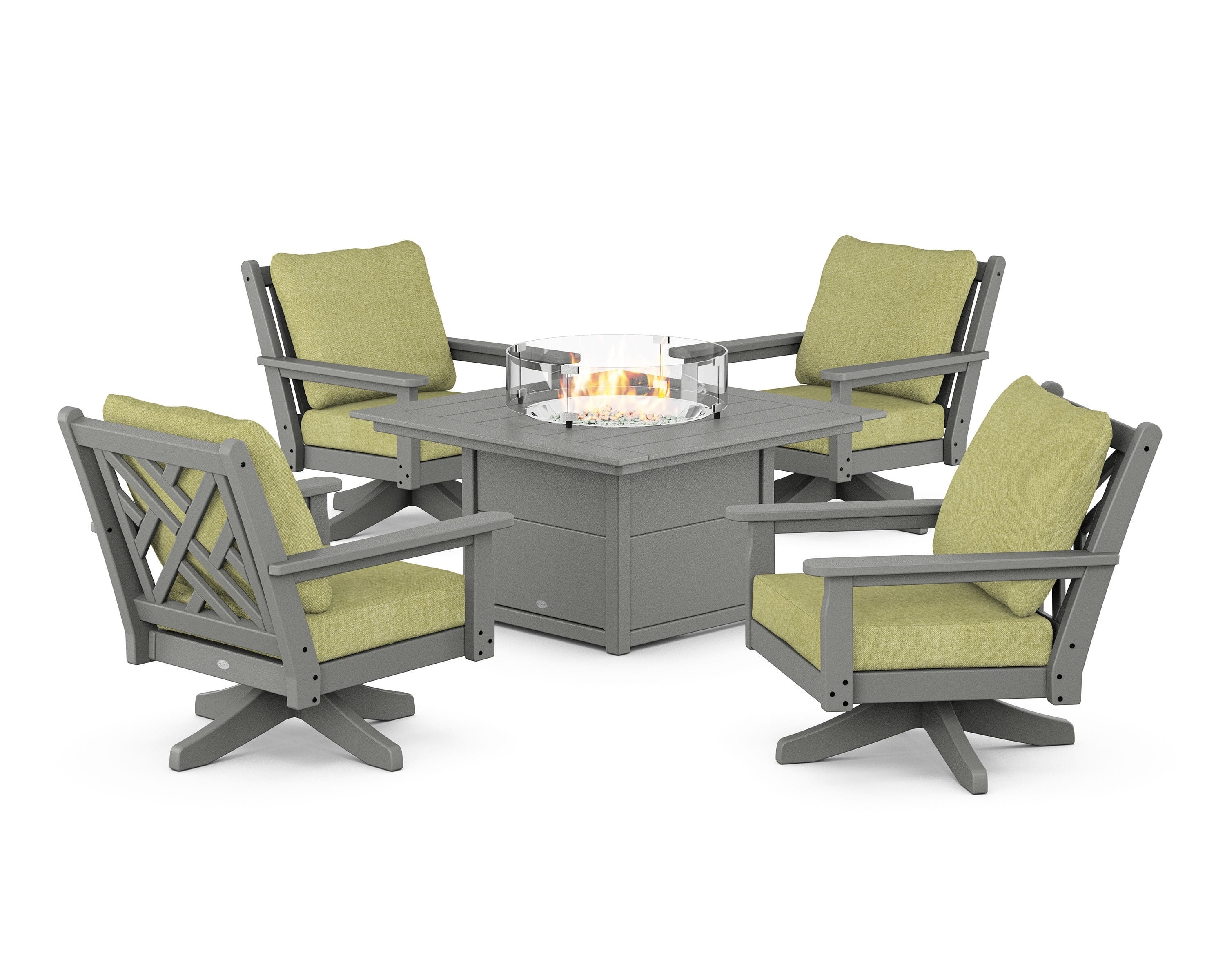 POLYWOOD® Chippendale 5-Piece Deep Seating Swivel Conversation Set with Fire Pit Table in Slate Grey / Chartreuse Boucle
