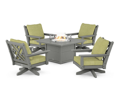 POLYWOOD® Chippendale 5-Piece Deep Seating Swivel Conversation Set with Fire Pit Table in Slate Grey / Chartreuse Boucle