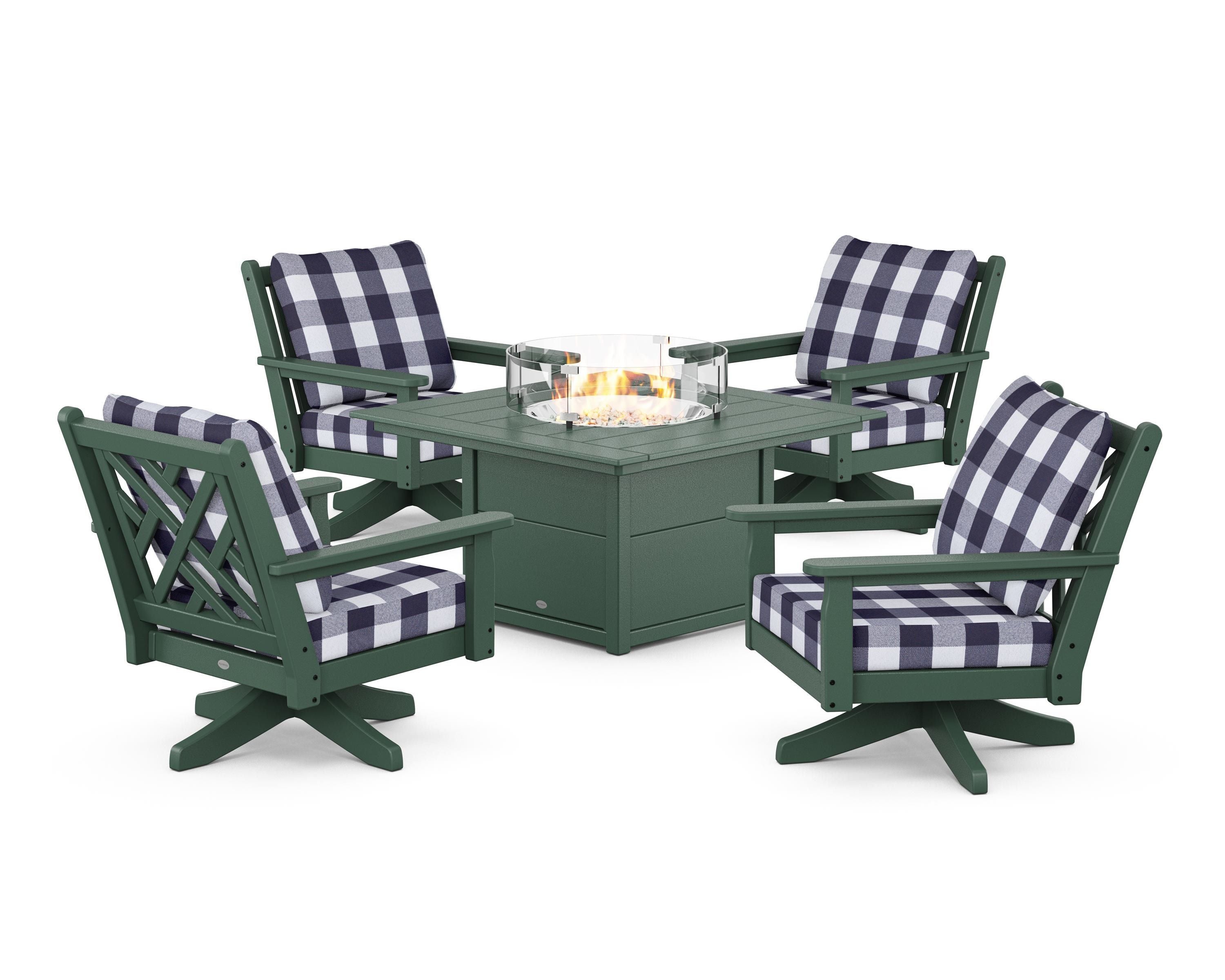 POLYWOOD® Chippendale 5-Piece Deep Seating Swivel Conversation Set with Fire Pit Table in Green / Buffalo Plaid Navy