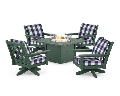 POLYWOOD® Chippendale 5-Piece Deep Seating Swivel Conversation Set with Fire Pit Table in Green / Buffalo Plaid Navy