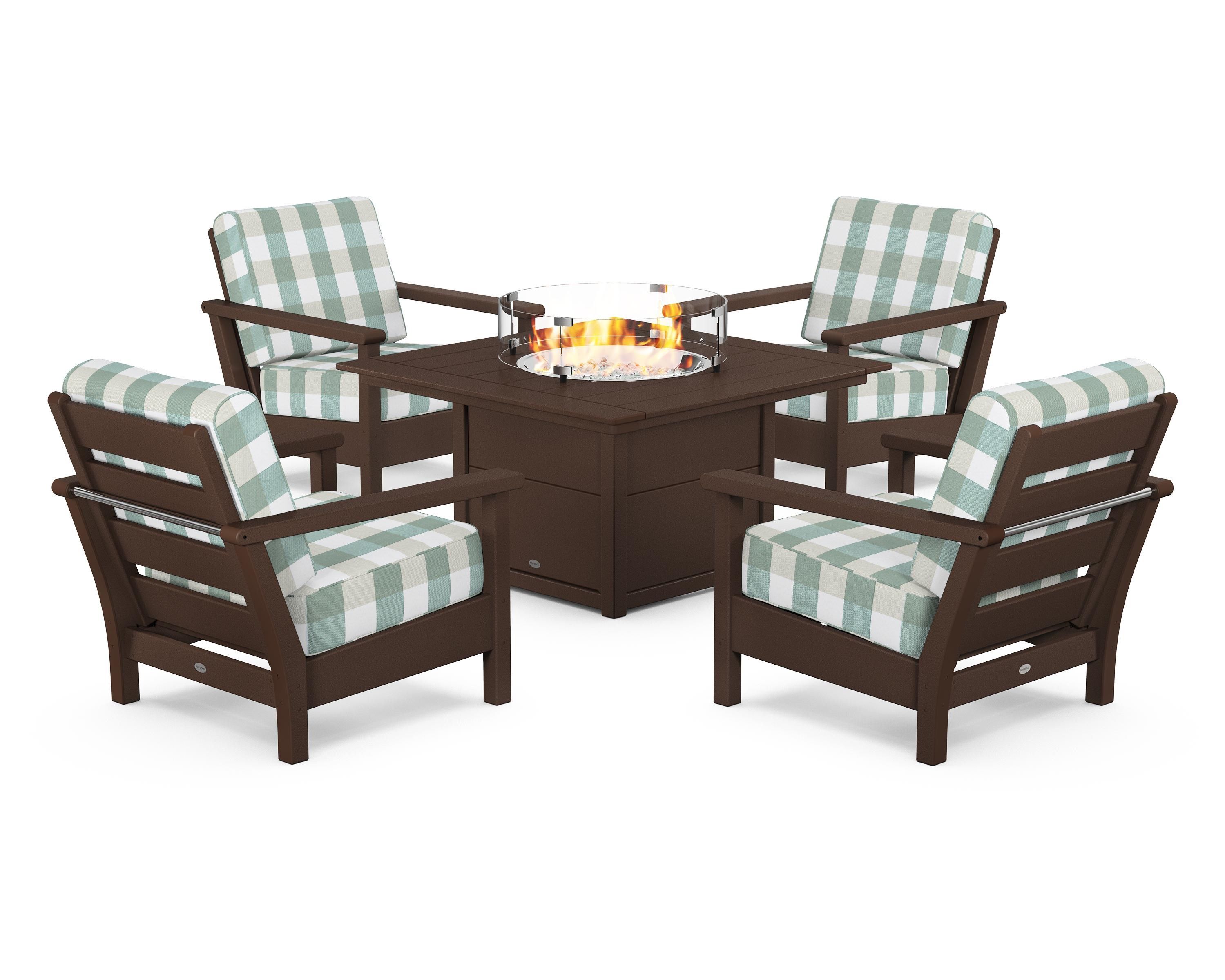 POLYWOOD® Harbour 5-Piece Conversation Set with Fire Pit Table in Mahogany / Buffalo Plaid Glacier Spa