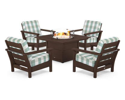 POLYWOOD® Harbour 5-Piece Conversation Set with Fire Pit Table in Mahogany / Buffalo Plaid Glacier Spa