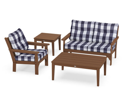 POLYWOOD® Vineyard 4-Piece Deep Seating Set in Teak / Buffalo Plaid Navy
