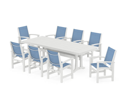 POLYWOOD® Coastal 9-Piece Farmhouse Dining Set with Trestle Legs in White / Poolside Sling