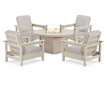 POLYWOOD® Club 5-Piece Conversation Set with Fire Pit Table in Sand / Cast Ash