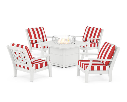 Martha Stewart by POLYWOOD® Chinoiserie 5-Piece Deep Seating Set with Fire Pit Table in White / Cabana Stripe Crimson