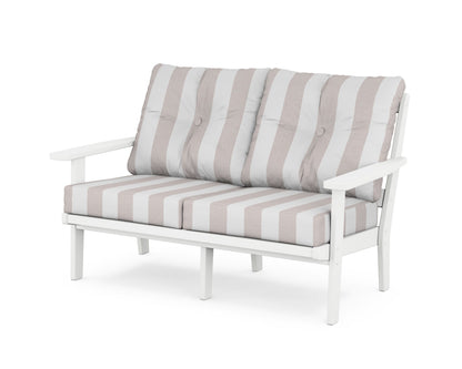POLYWOOD® Oxford Deep Seating Loveseat in White / Cabana Stripe Dune Burlap