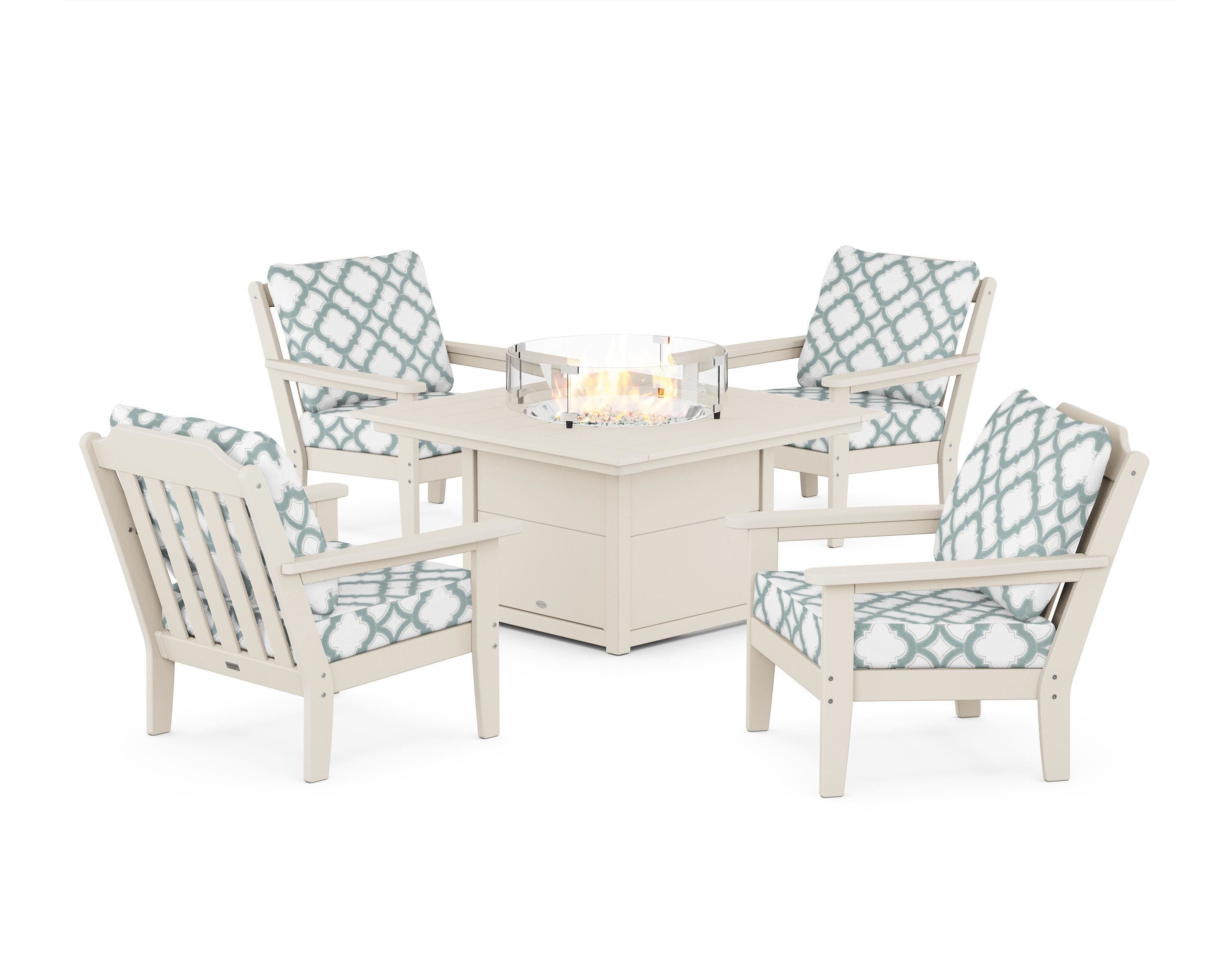 Country Living Cottage 5-Piece Deep Seating Set with Fire Pit Table in Sand / Trellis Glacier Spa