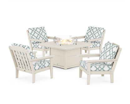 Country Living Cottage 5-Piece Deep Seating Set with Fire Pit Table in Sand / Trellis Glacier Spa