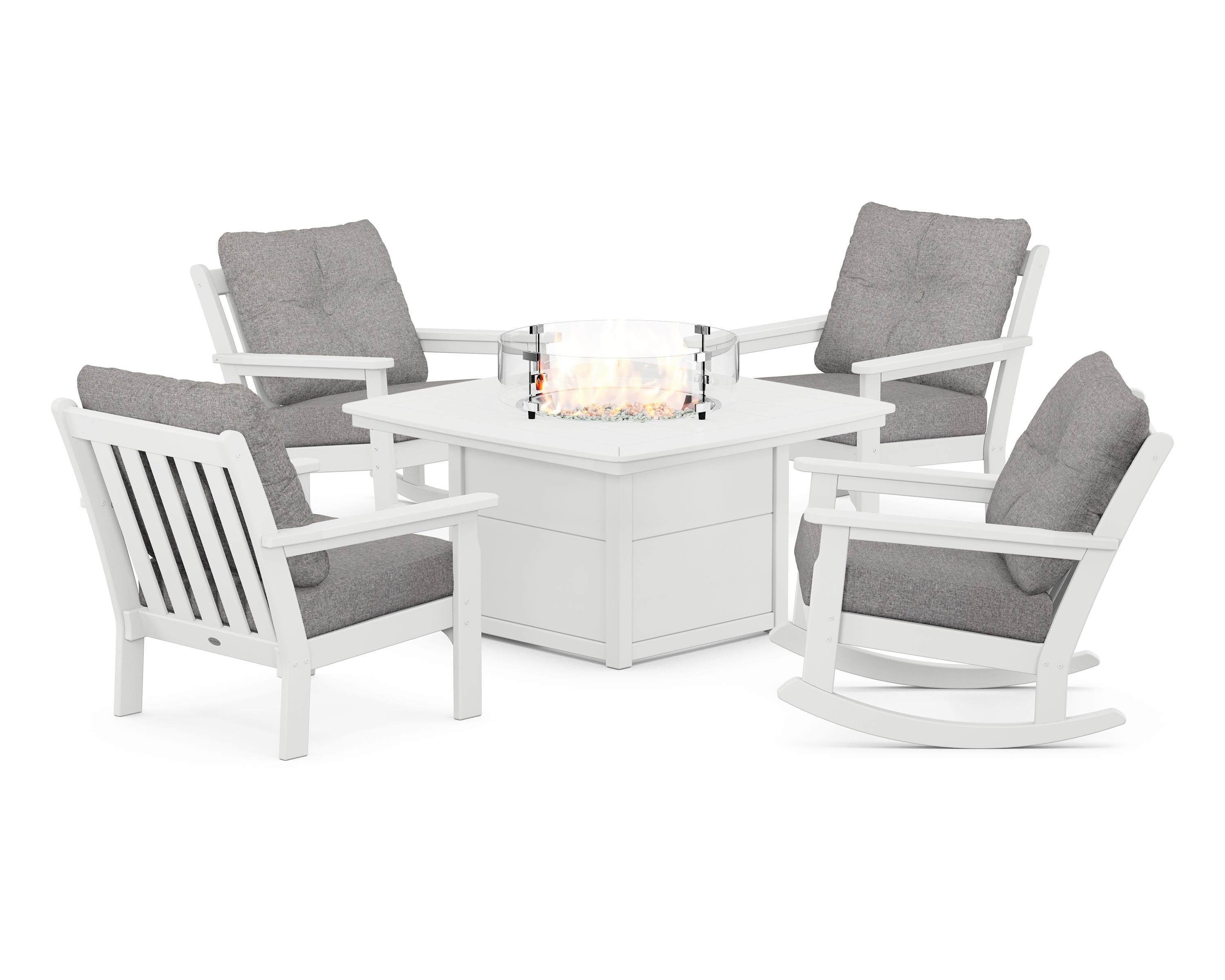 POLYWOOD® Vineyard 5-Piece Deep Seating Rocking Chair Conversation Set with Fire Pit Table in White / Grey Mist