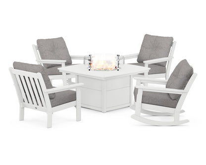 POLYWOOD® Vineyard 5-Piece Deep Seating Rocking Chair Conversation Set with Fire Pit Table in White / Grey Mist