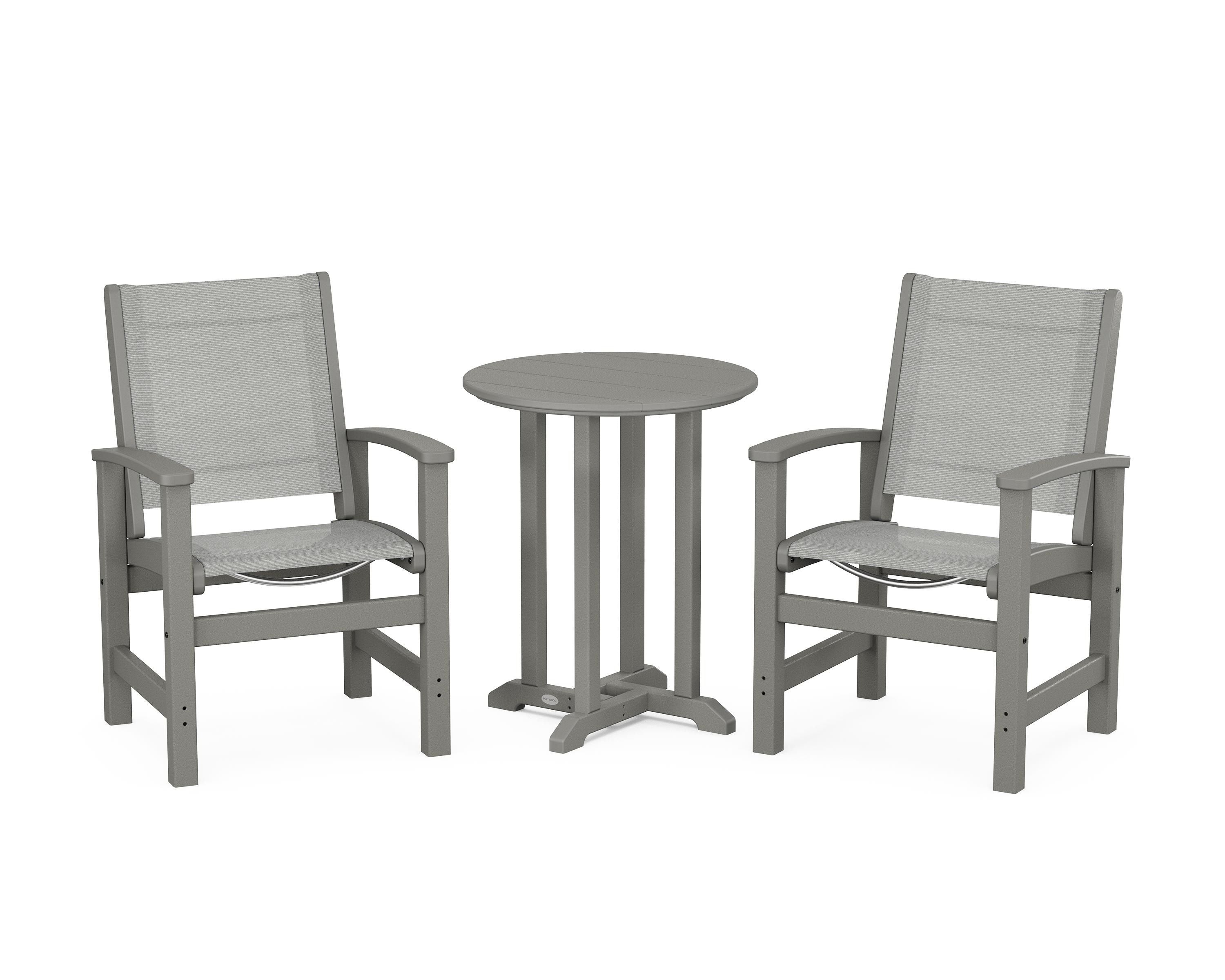 POLYWOOD® Coastal 3-Piece Round Bistro Dining Set in Slate Grey / Metallic Sling