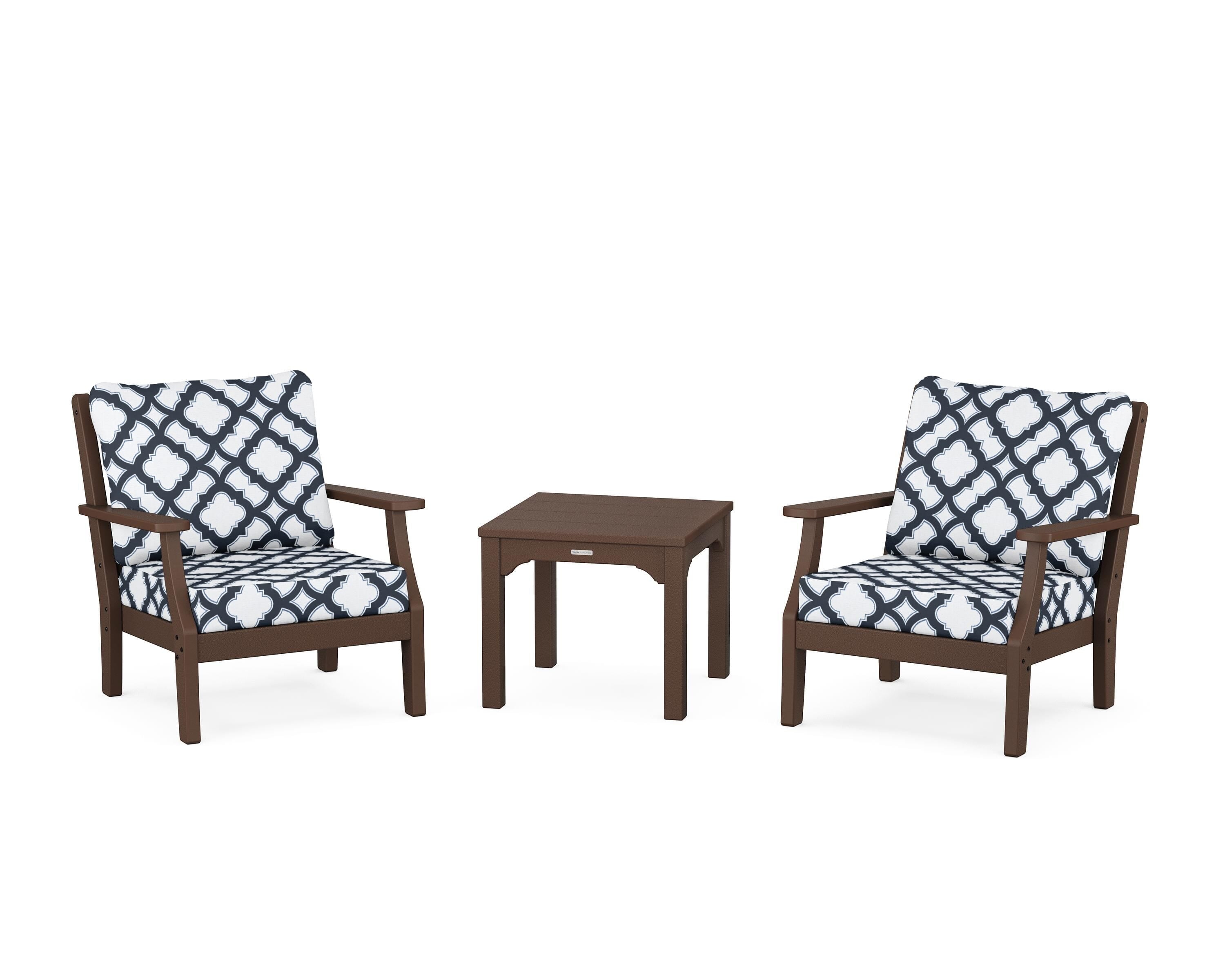 Martha Stewart by POLYWOOD® Chinoiserie 3-Piece Deep Seating Set in Mahogany / Trellis Marine Indigo
