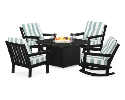 POLYWOOD® Vineyard 5-Piece Deep Seating Rocking Chair Conversation Set with Fire Pit Table in Black / Cabana Stripe Glacier Spa