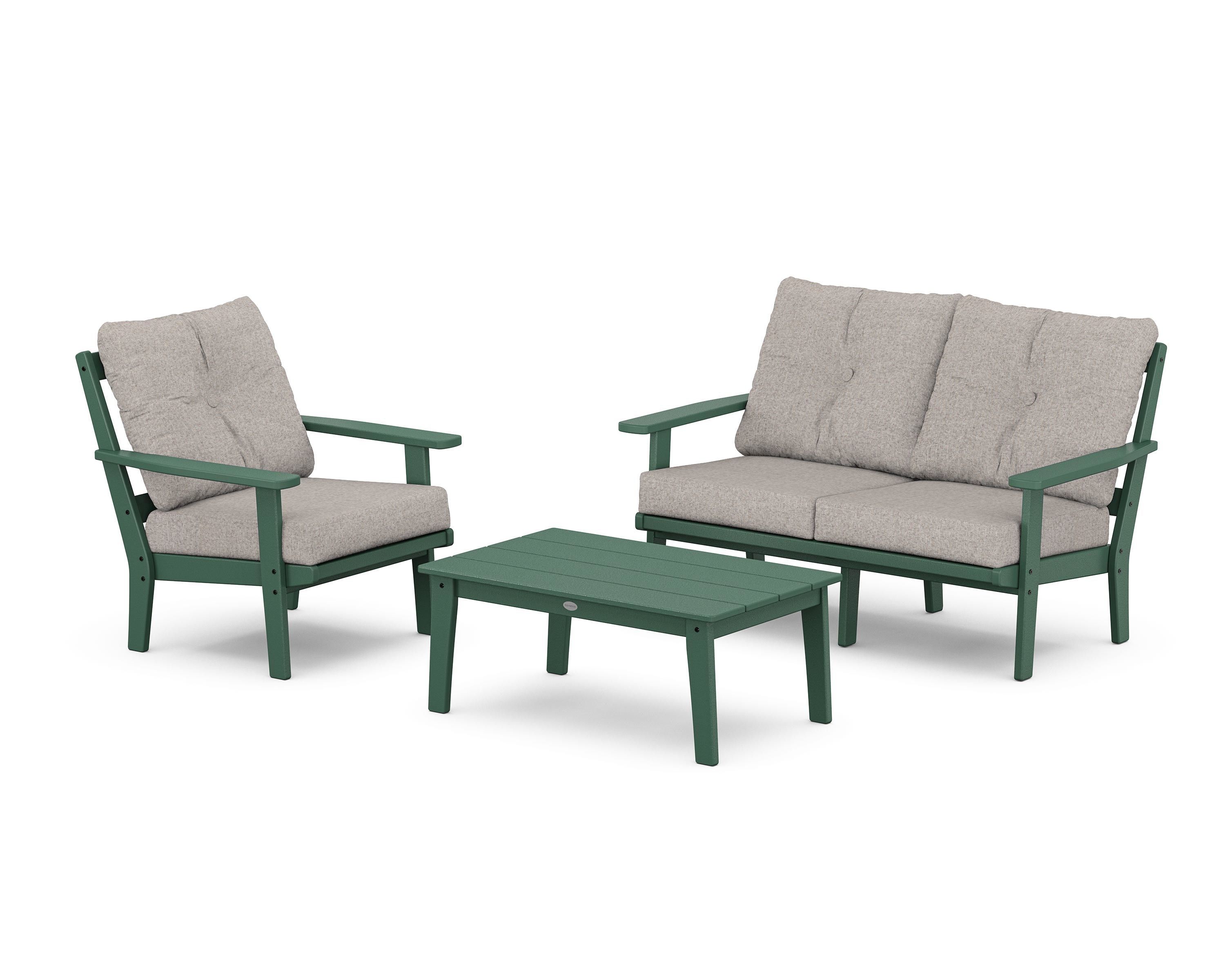 POLYWOOD® Oxford 3-Piece Deep Seating Set with Loveseat in Green / Weathered Tweed