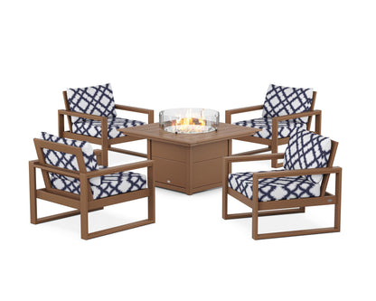 POLYWOOD® EDGE Sectional 5-Piece Deep Seating Set with Fire Pit Table in Teak / Trellis Navy