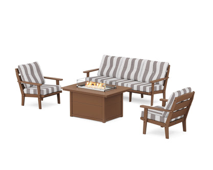 POLYWOOD® Lakeside Deep Seating Fire Pit Table Set in Teak / Cabana Stripe Grey Mist