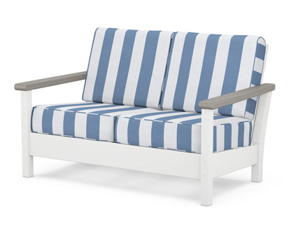POLYWOOD® Harbour Deep Seating Loveseat in White / Driftwood / Cabana Stripe Sky Blue