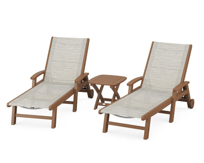 POLYWOOD® Coastal 3-Piece Wheeled Chaise Set in Teak / Birch Sling