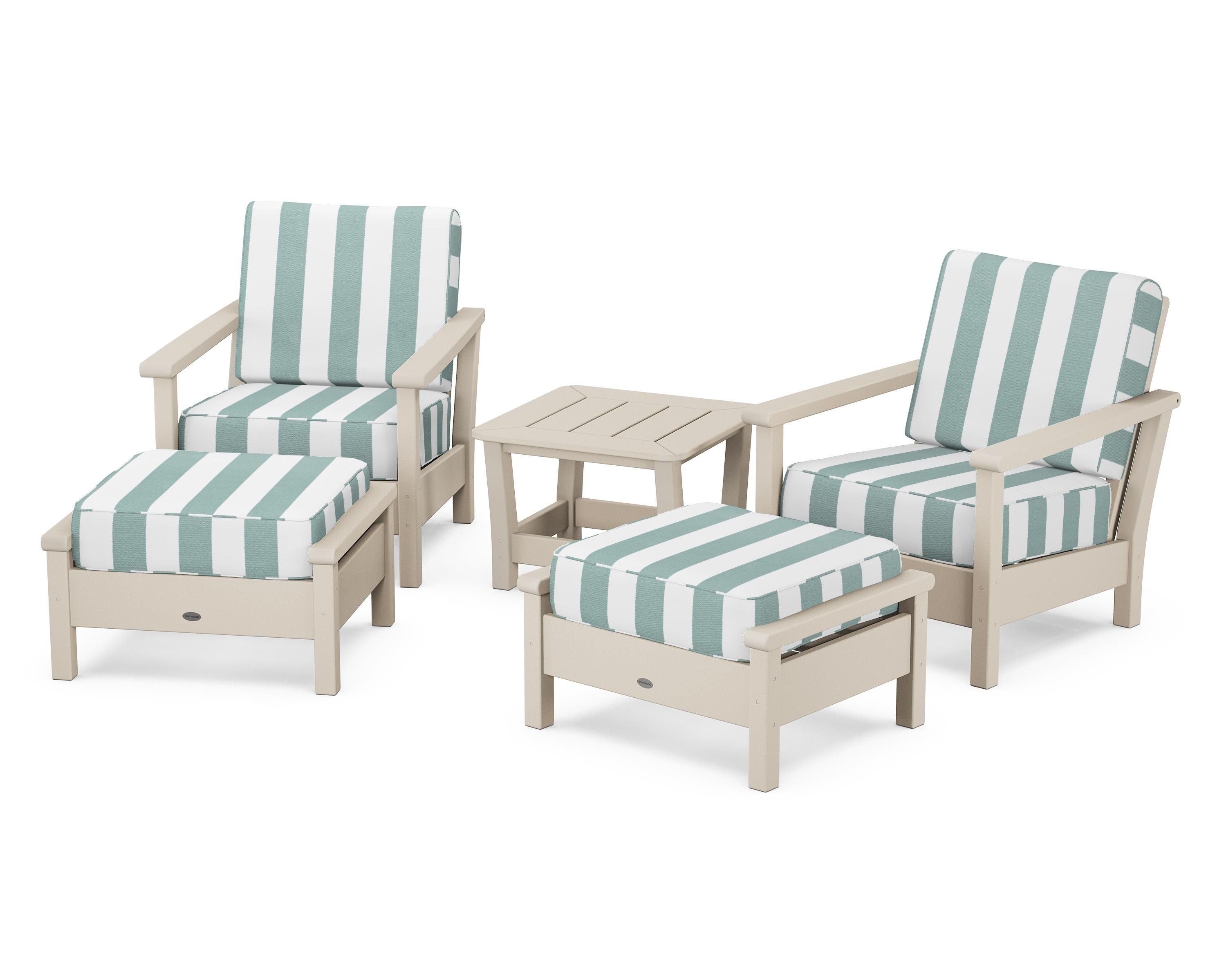 POLYWOOD® Harbour 5-Piece Deep Seating Chair Set in Sand / Cabana Stripe Glacier Spa