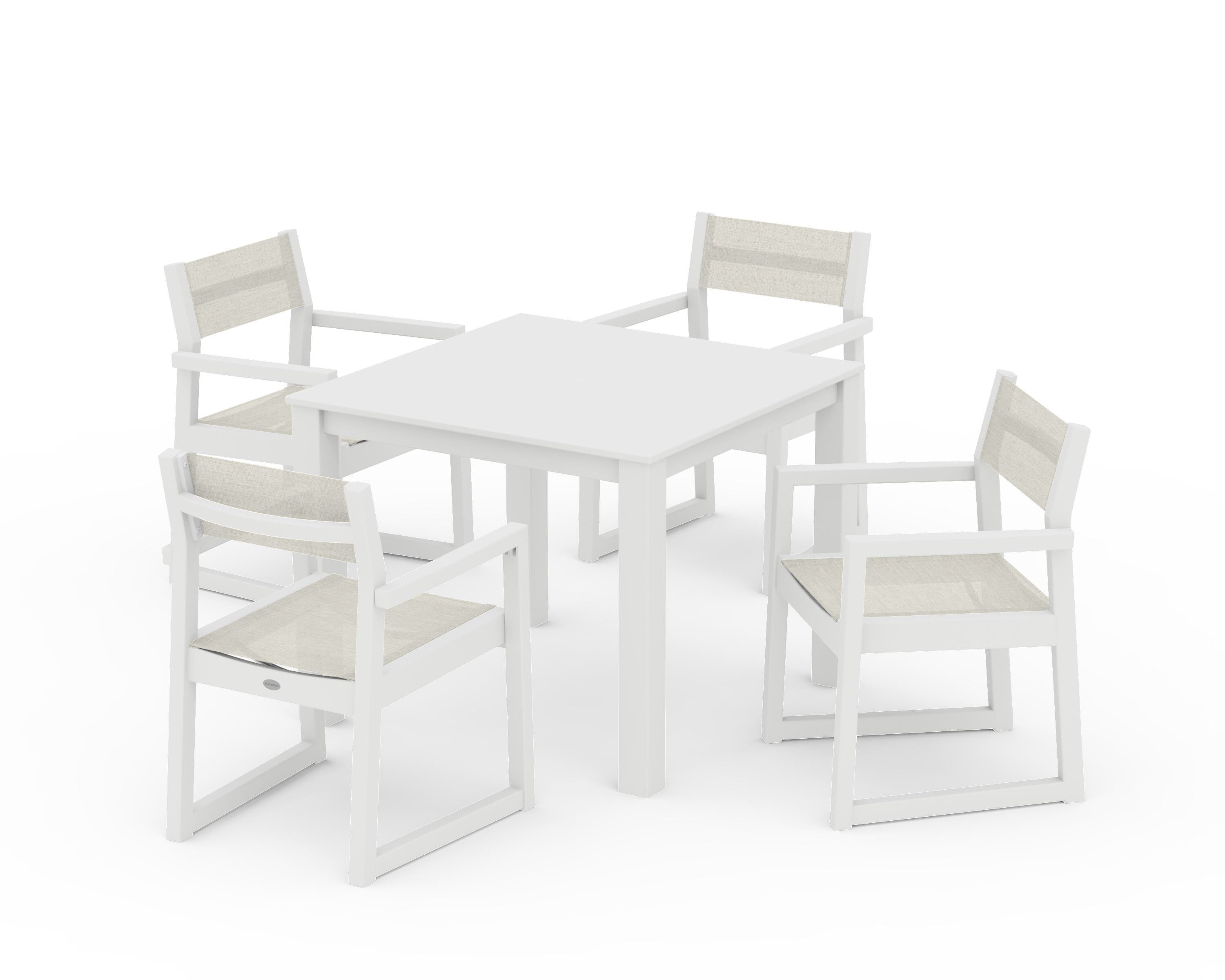 POLYWOOD® EDGE Sling Arm Chair 5-Piece Parsons Dining Set in White / Parchment Sling