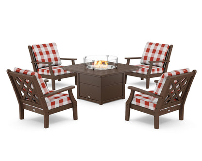 Country Living Wovendale 5-Piece Deep Seating Set with Fire Pit Table in Mahogany / Buffalo Plaid Crimson