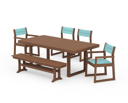 POLYWOOD® EDGE Sling 6-Piece Dining Set with Bench in Teak / Dupioni Aquamarine Sling