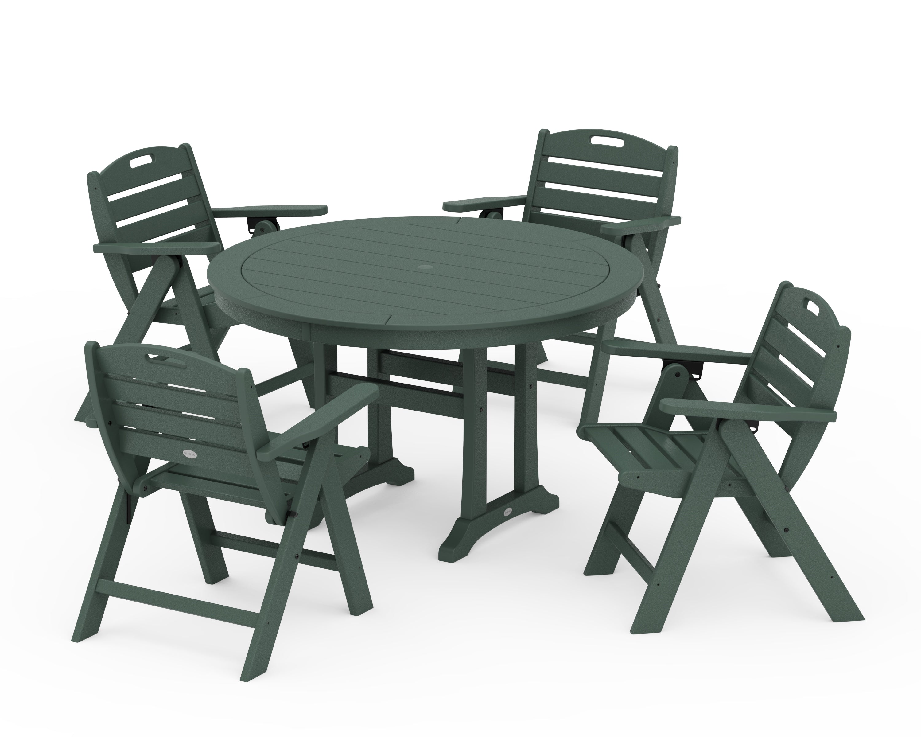 POLYWOOD® Nautical Folding Lowback Chair 5-Piece Round Dining Set With Trestle Legs in Green