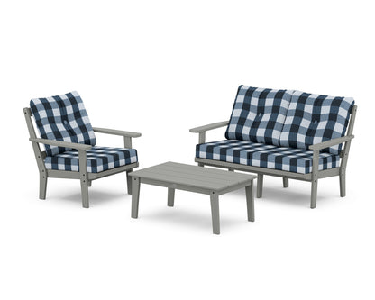 POLYWOOD® Oxford 3-Piece Deep Seating Set with Loveseat in Slate Grey / Buffalo Plaid Marine Indigo