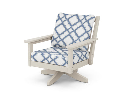 POLYWOOD® Chippendale Deep Seating Swivel Chair in Sand / Trellis Sky Blue