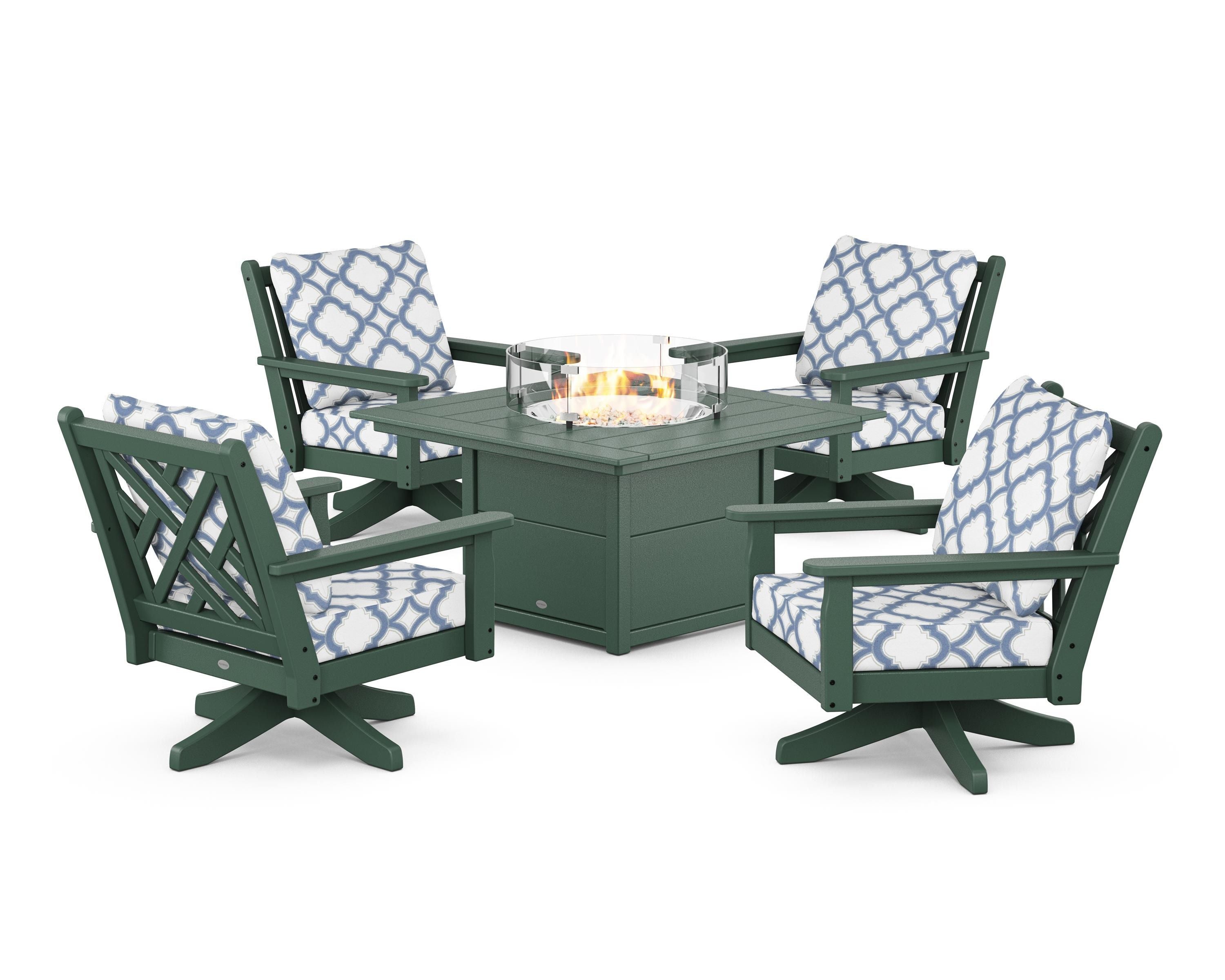 POLYWOOD® Chippendale 5-Piece Deep Seating Swivel Conversation Set with Fire Pit Table in Green / Trellis Sky Blue