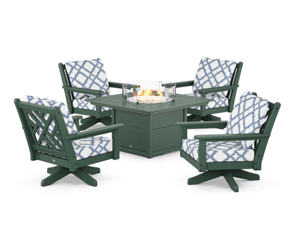 POLYWOOD® Chippendale 5-Piece Deep Seating Swivel Conversation Set with Fire Pit Table in Green / Trellis Sky Blue