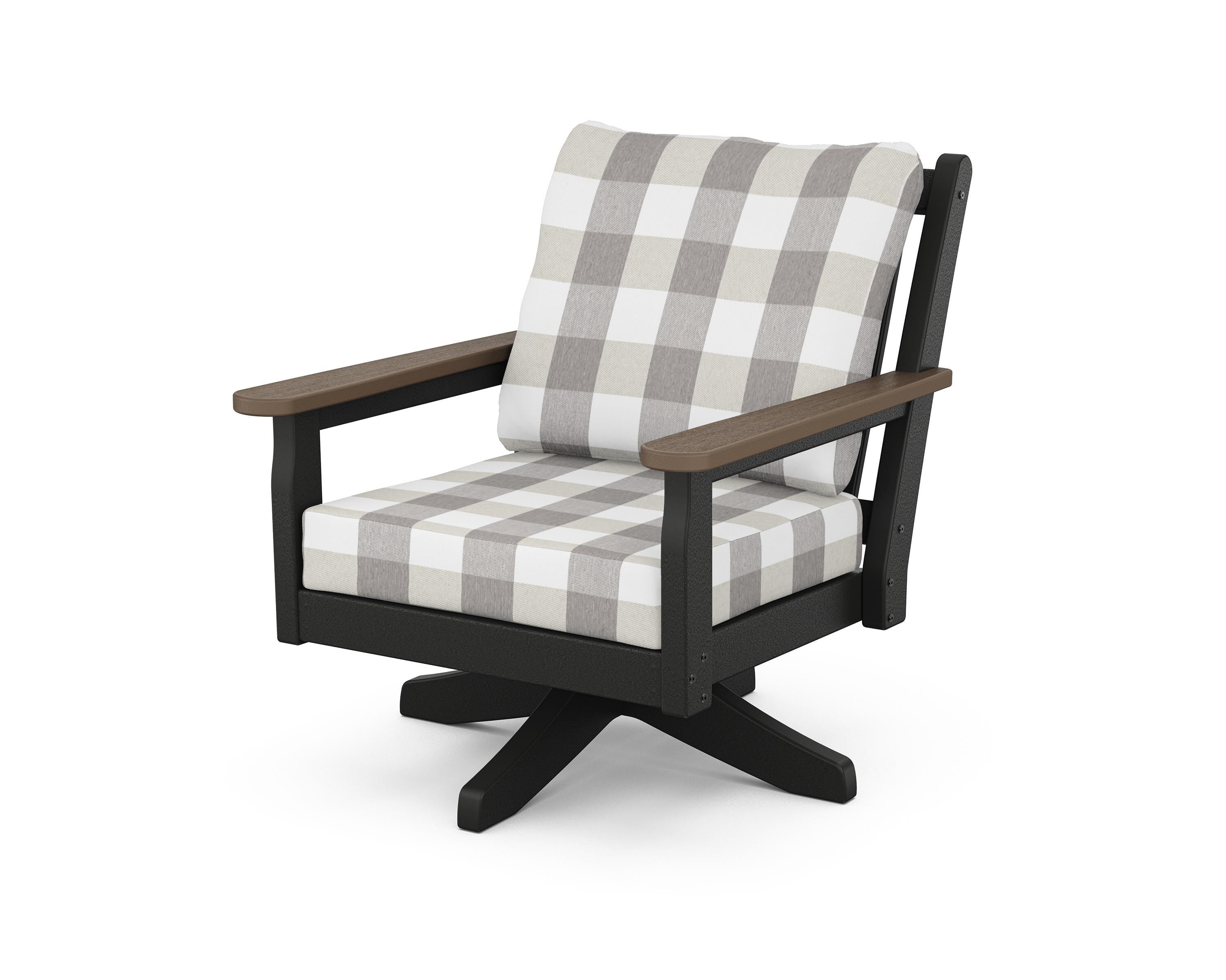 POLYWOOD® Chippendale Deep Seating Swivel Chair in Black / Kona / Buffalo Plaid Grey Mist