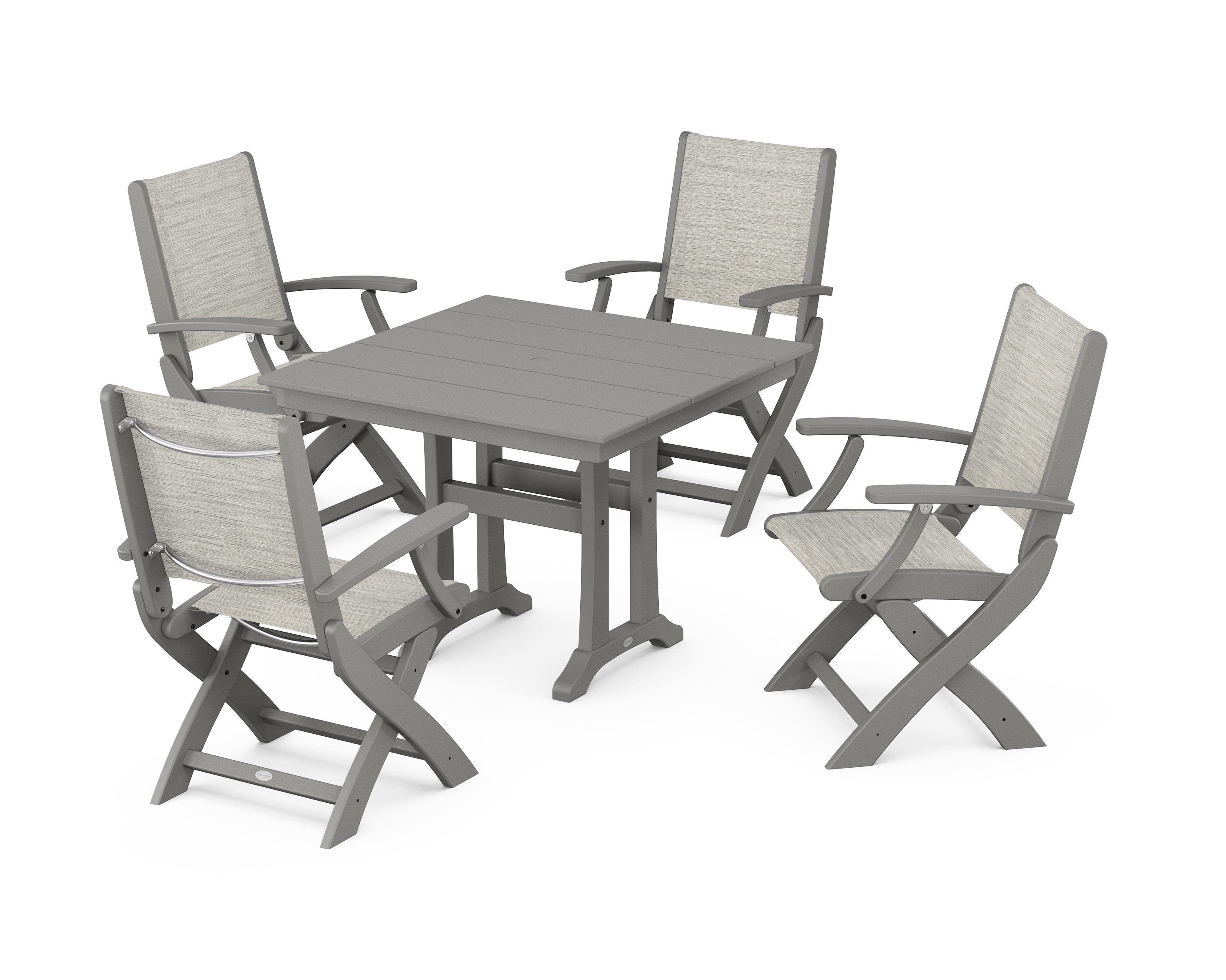POLYWOOD® Coastal Folding Chair 5-Piece Farmhouse Dining Set With Trestle Legs in Slate Grey / Birch Sling